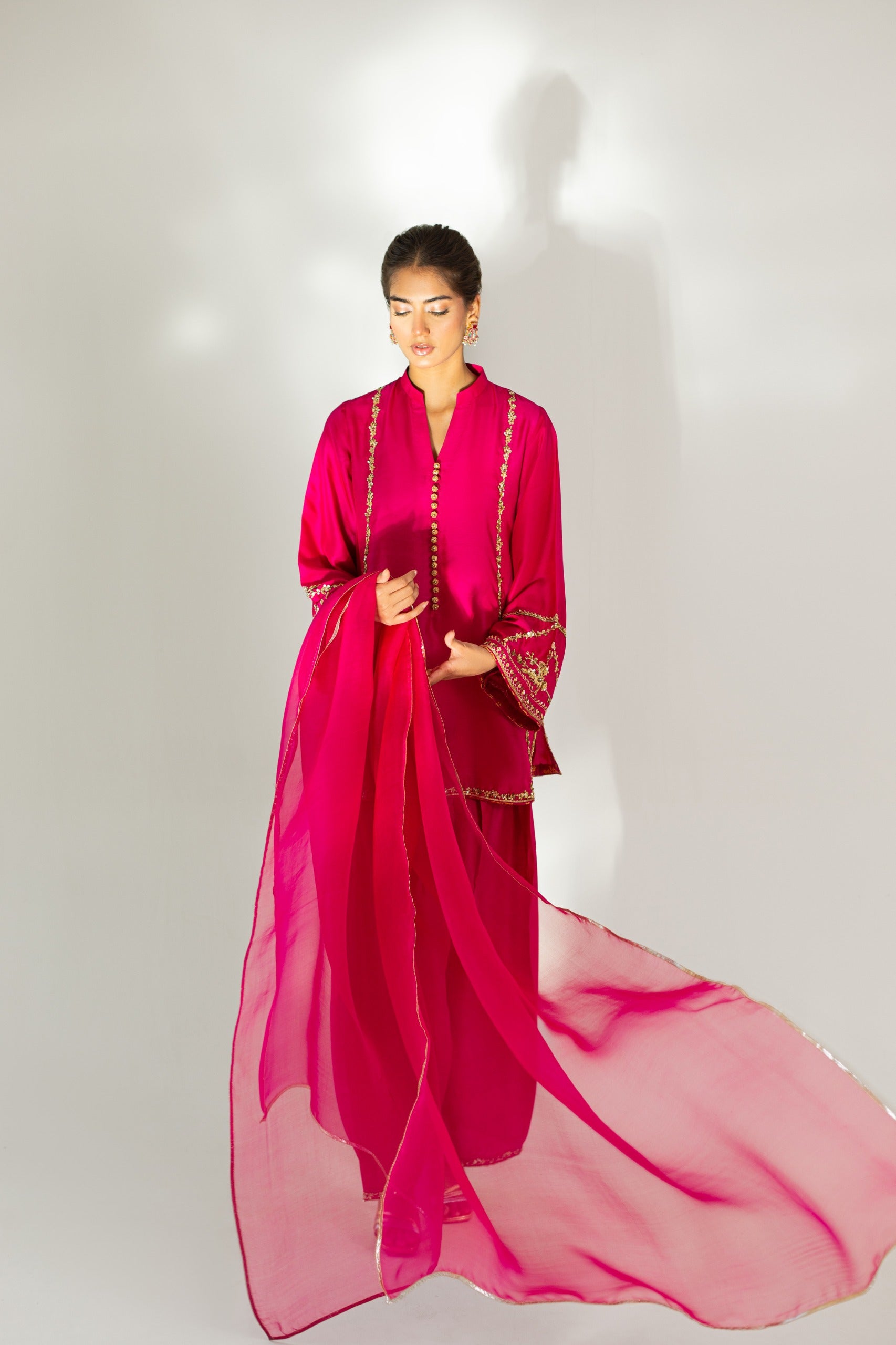 Pakistani Fuchsia Hand Embroidered Raw Silk Salwar Kameez (3-Piece) - Image 1