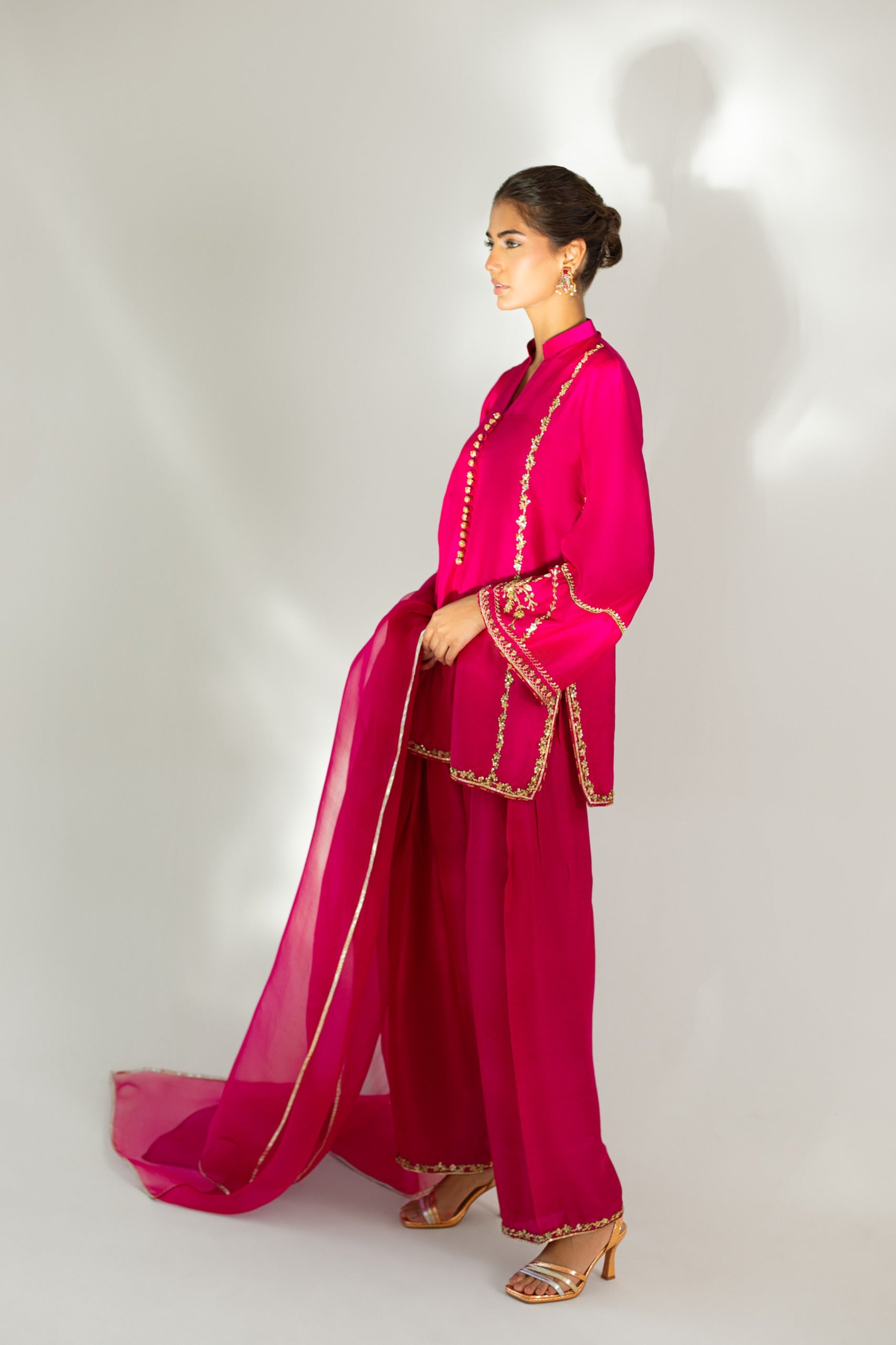 Pakistani Fuchsia Hand Embroidered Raw Silk Salwar Kameez (3-Piece) - Image 3