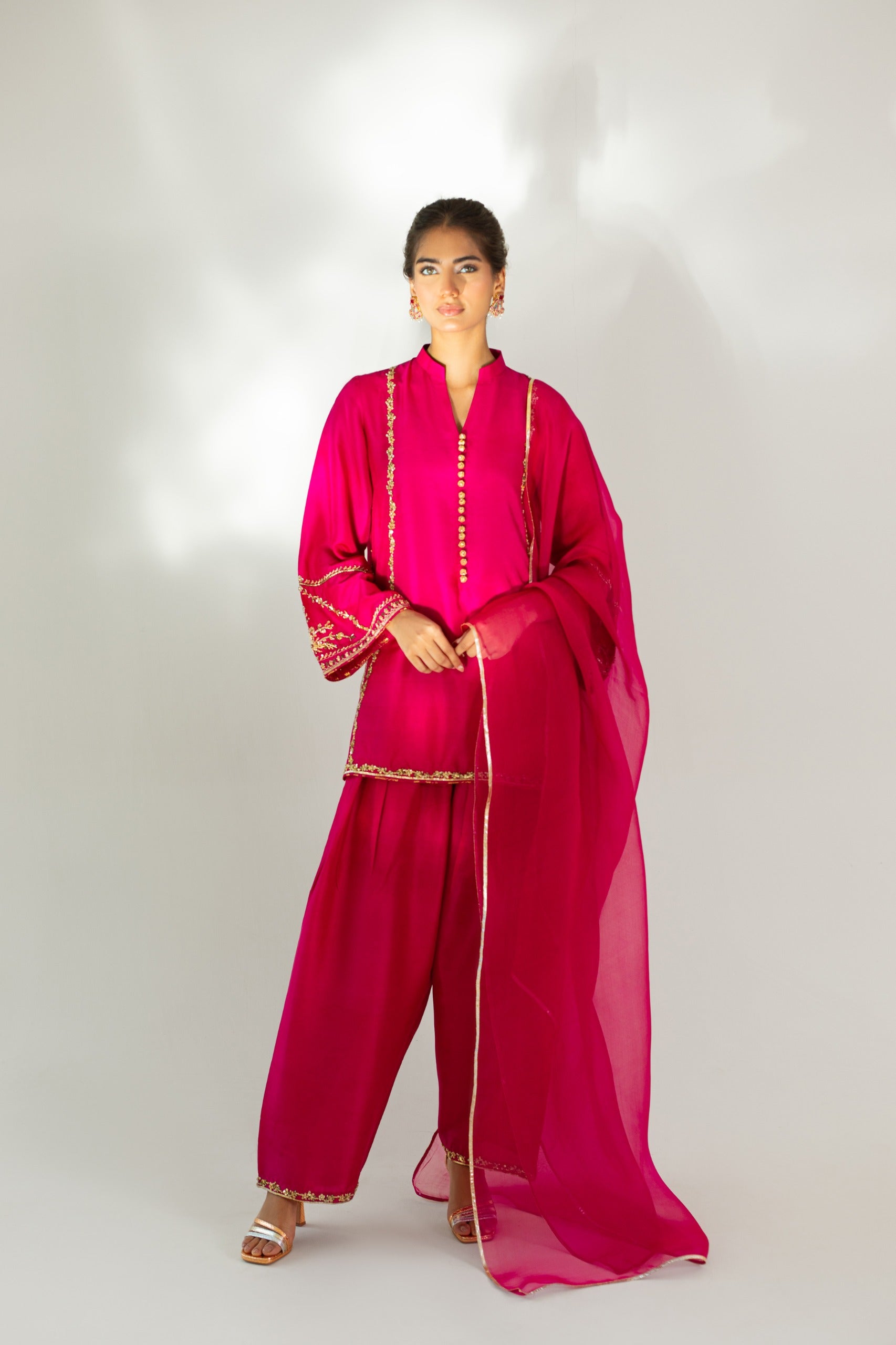 Pakistani Fuchsia Hand Embroidered Raw Silk Salwar Kameez (3-Piece) - Image 4