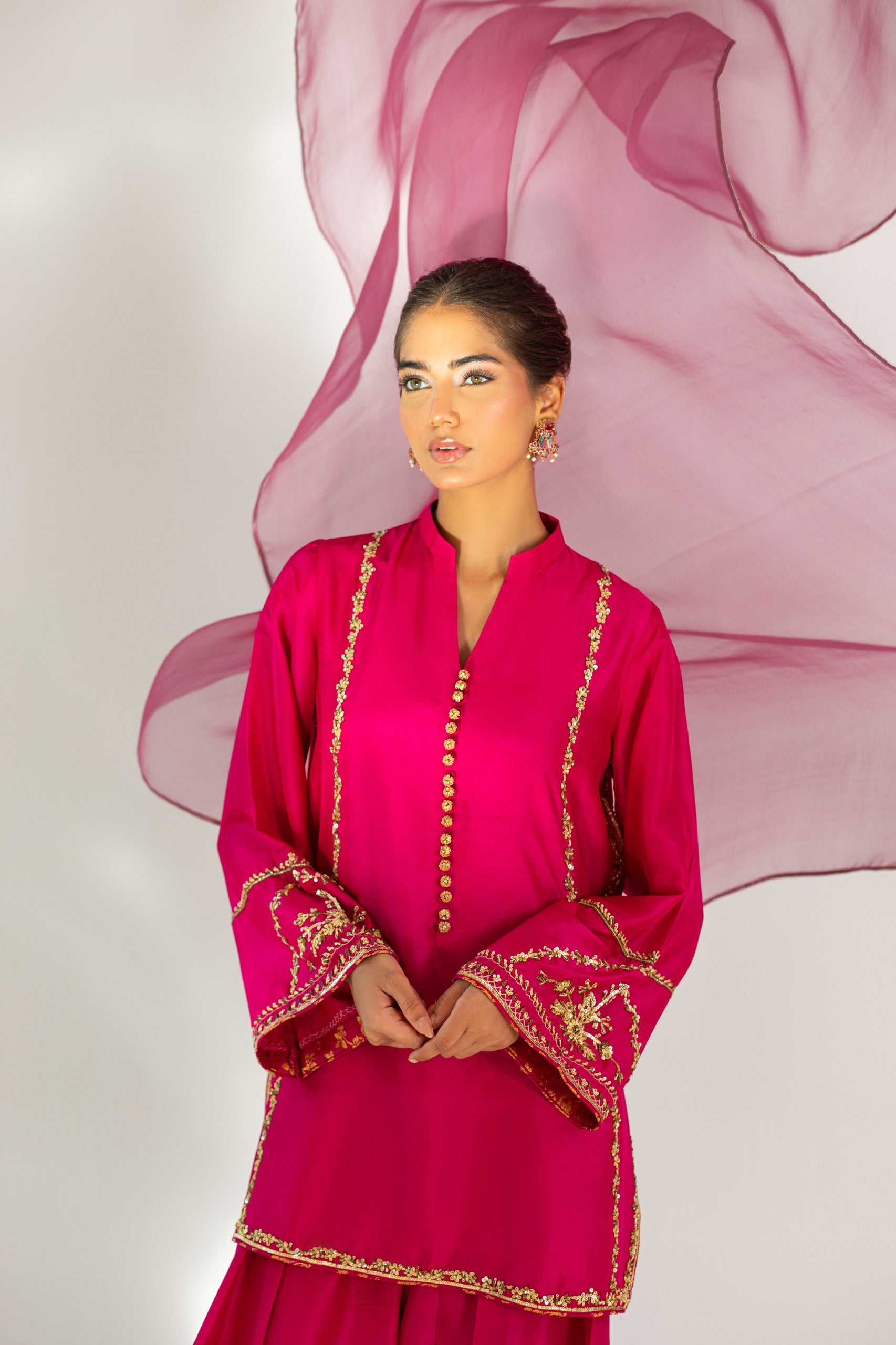 Pakistani Fuchsia Hand Embroidered Raw Silk Salwar Kameez (3-Piece) - Image 5