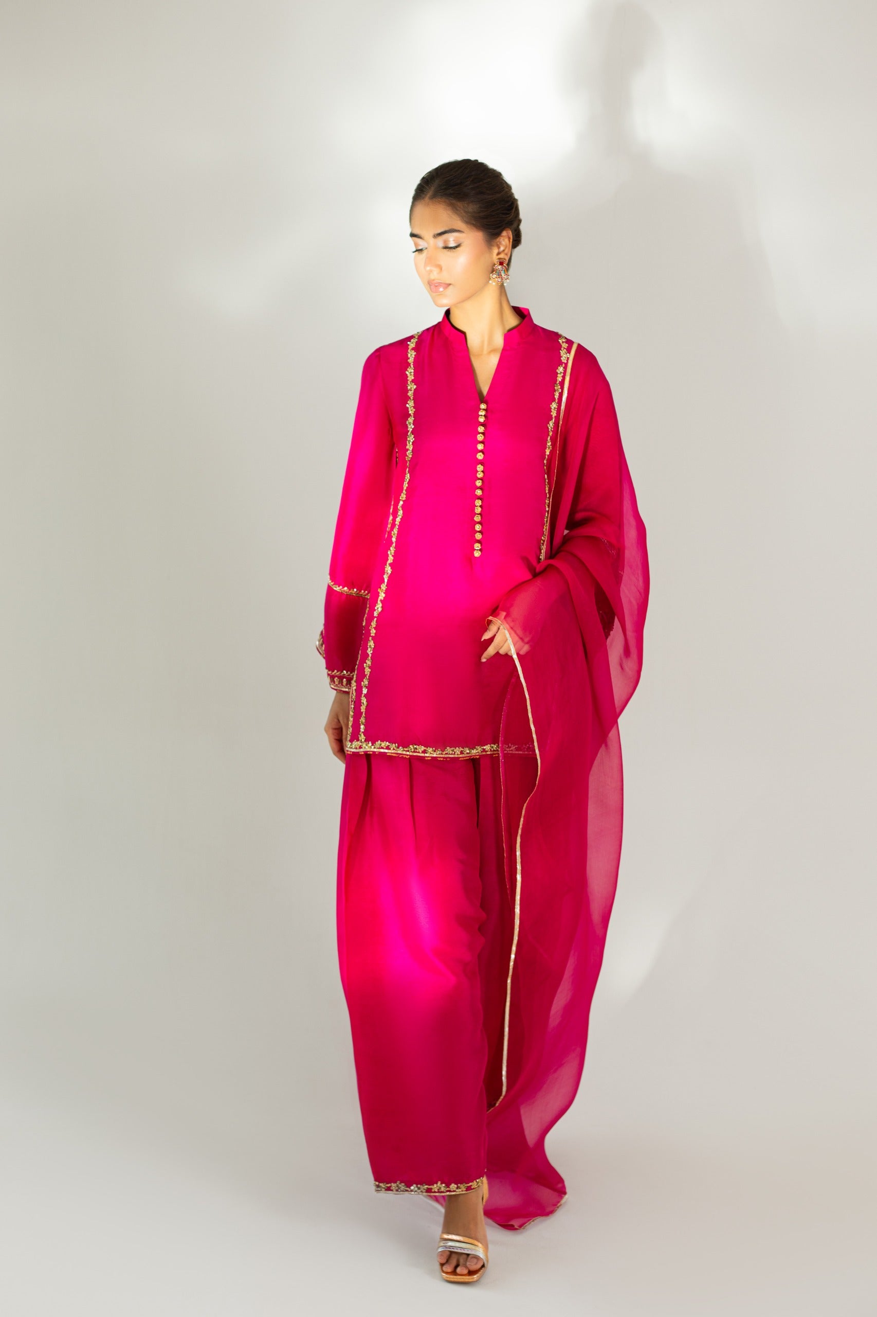 Pakistani Fuchsia Hand Embroidered Raw Silk Salwar Kameez (3-Piece) - Image 6