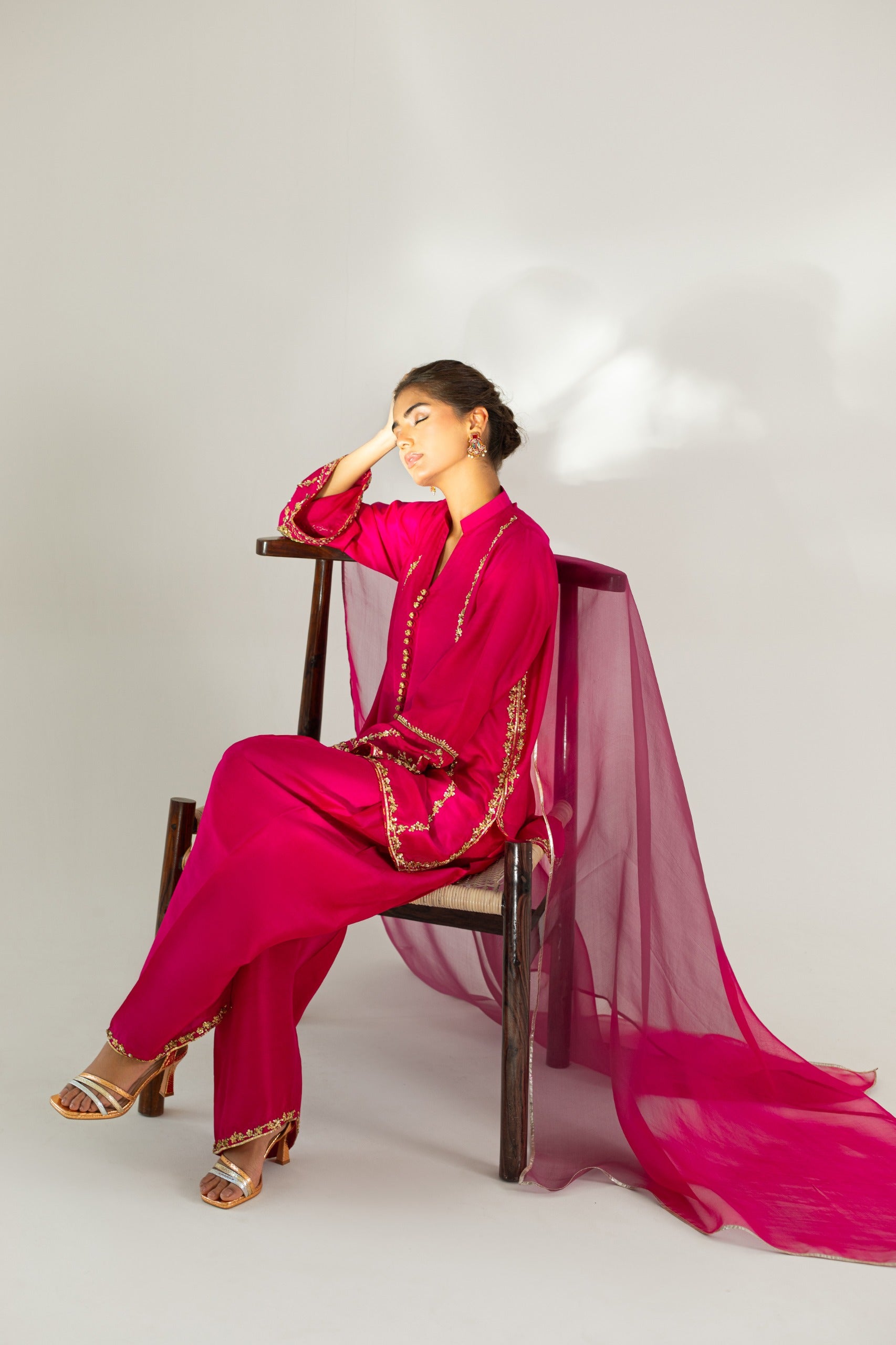 Pakistani Fuchsia Hand Embroidered Raw Silk Salwar Kameez (3-Piece) - Image 7