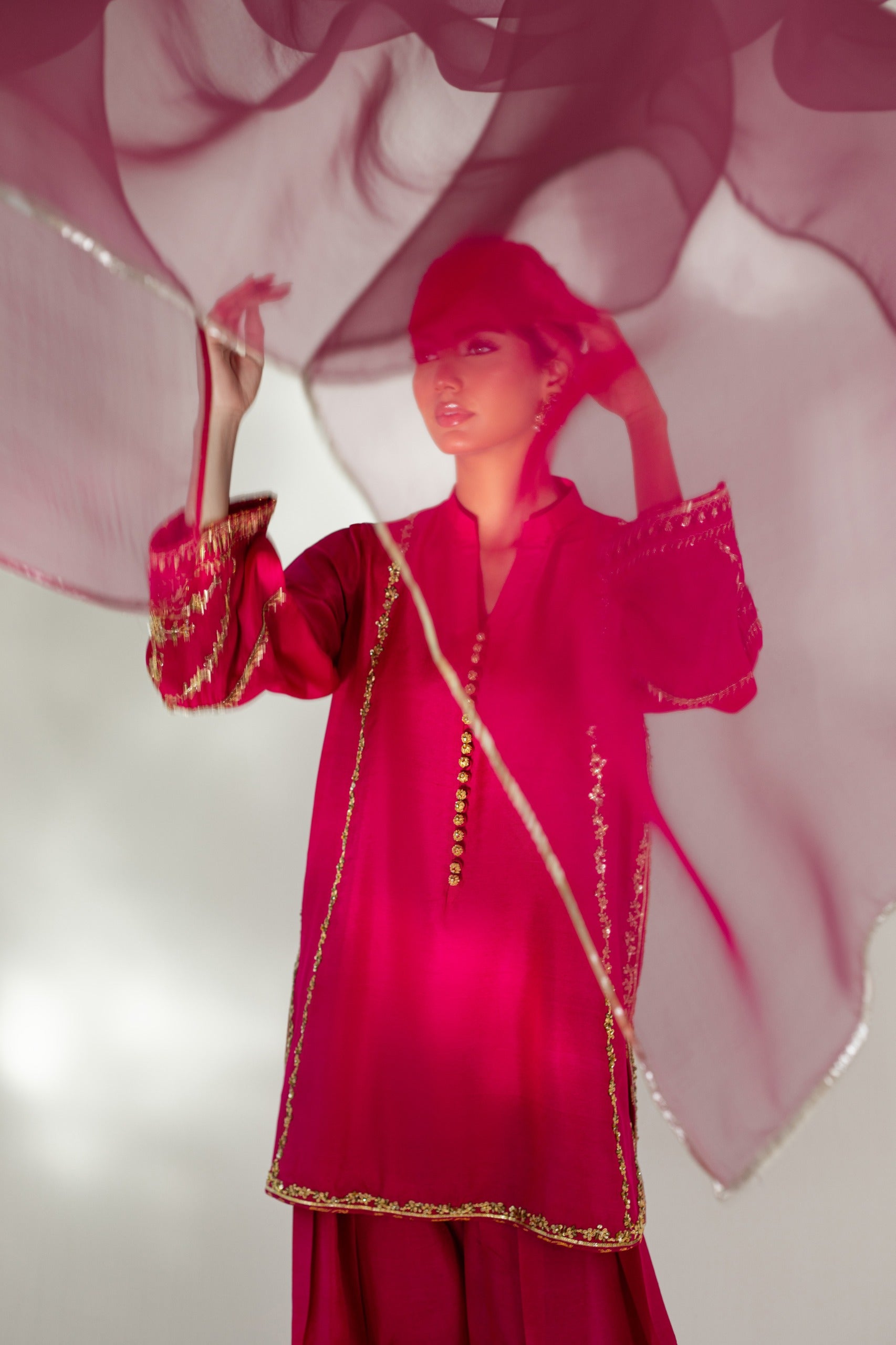 Pakistani Fuchsia Hand Embroidered Raw Silk Salwar Kameez (3-Piece) - Image 8