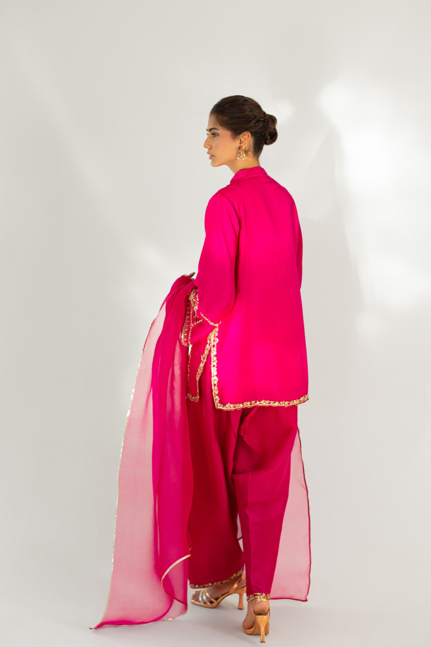 Pakistani Fuchsia Hand Embroidered Raw Silk Salwar Kameez (3-Piece) - Image 9