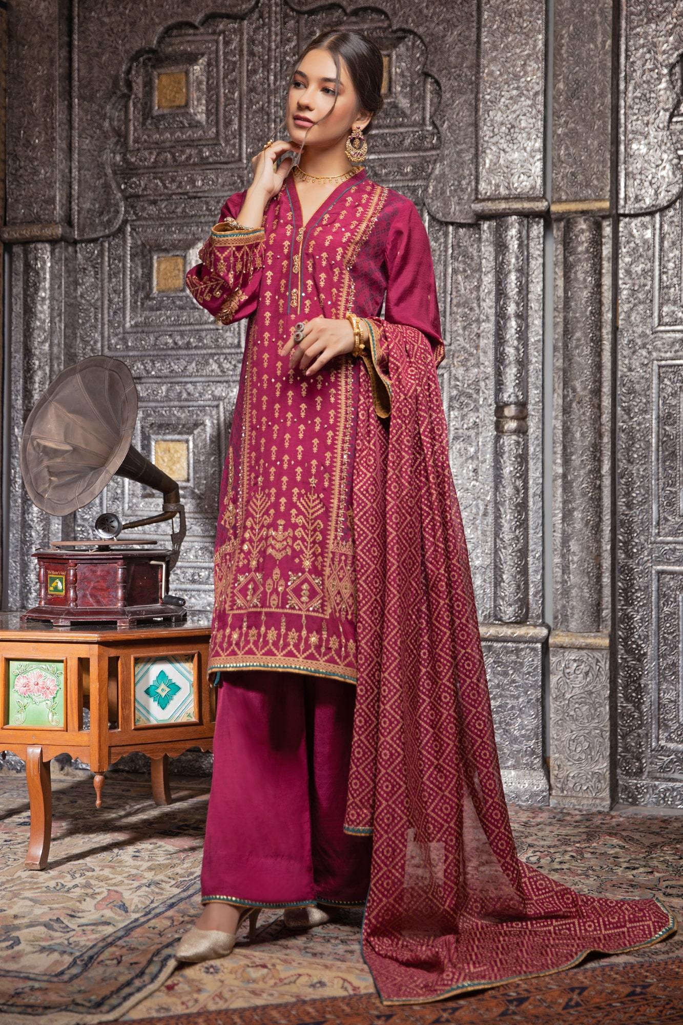 Pakistani Berry Pink Embroidered Raw Silk Salwar Kameez (3-Piece) - Image 2