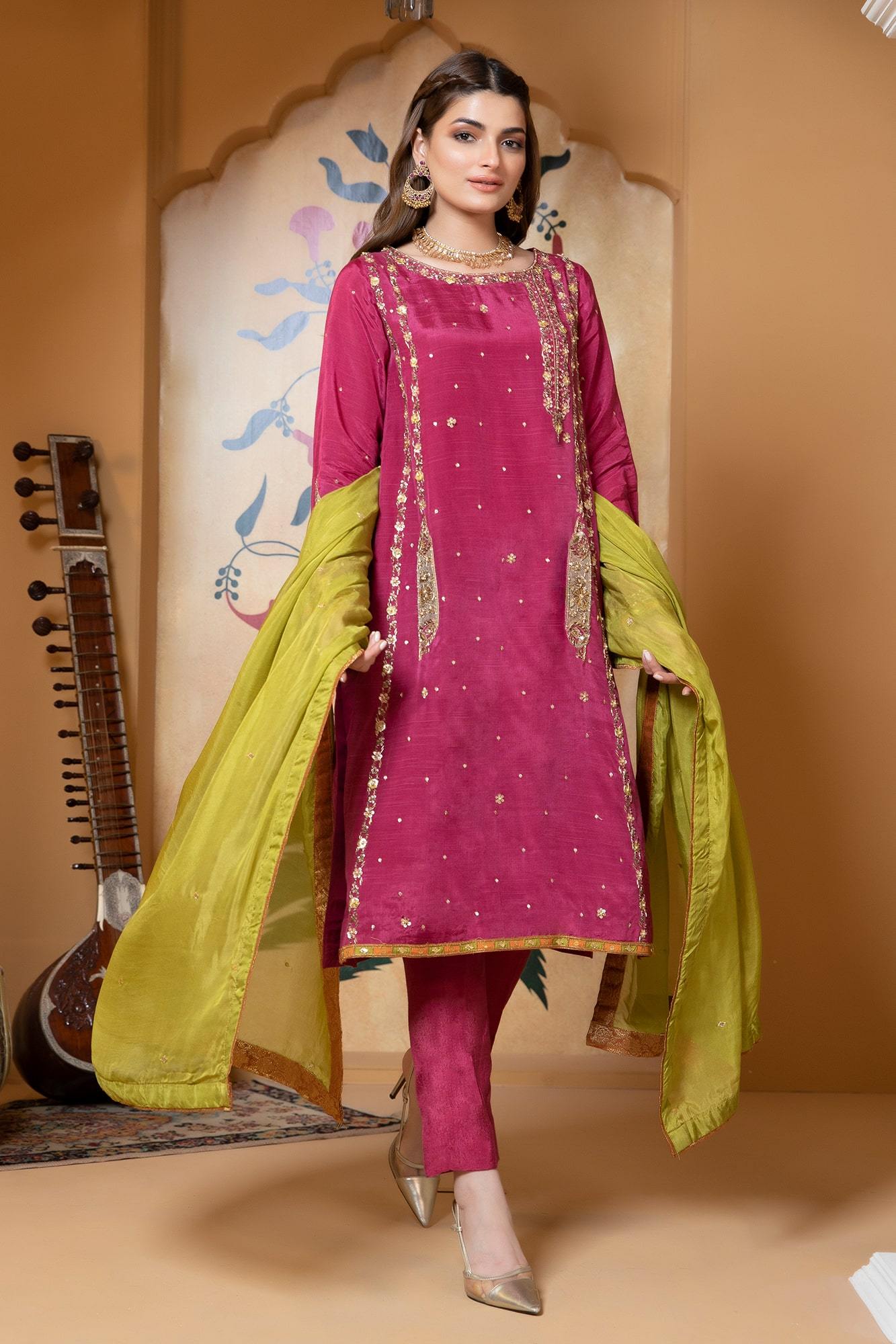 Pakistani Magenta Hand Embroidered Raw Silk Salwar Kameez (3-Piece) - Image 2