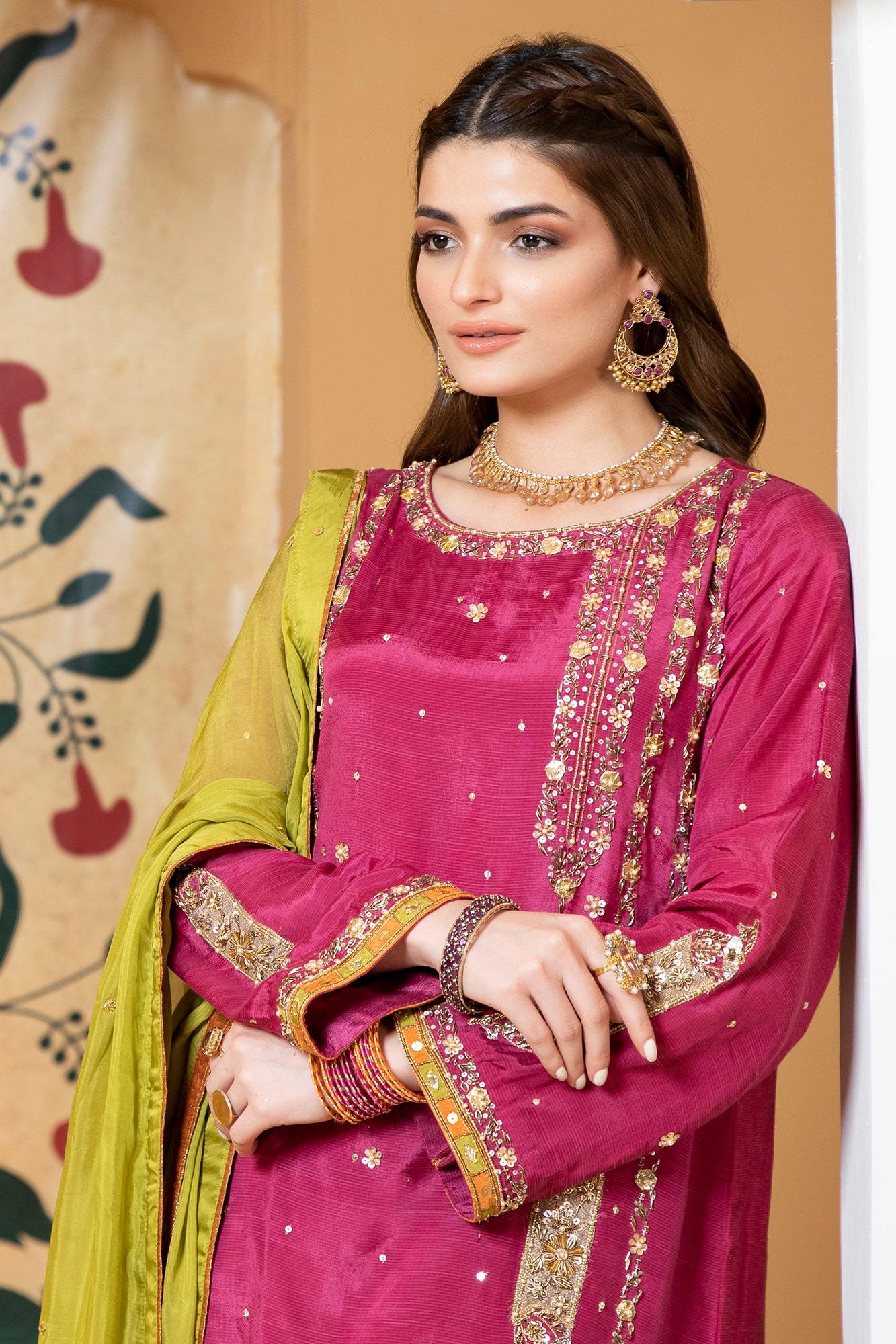 Pakistani Magenta Hand Embroidered Raw Silk Salwar Kameez (3-Piece) - Image 3