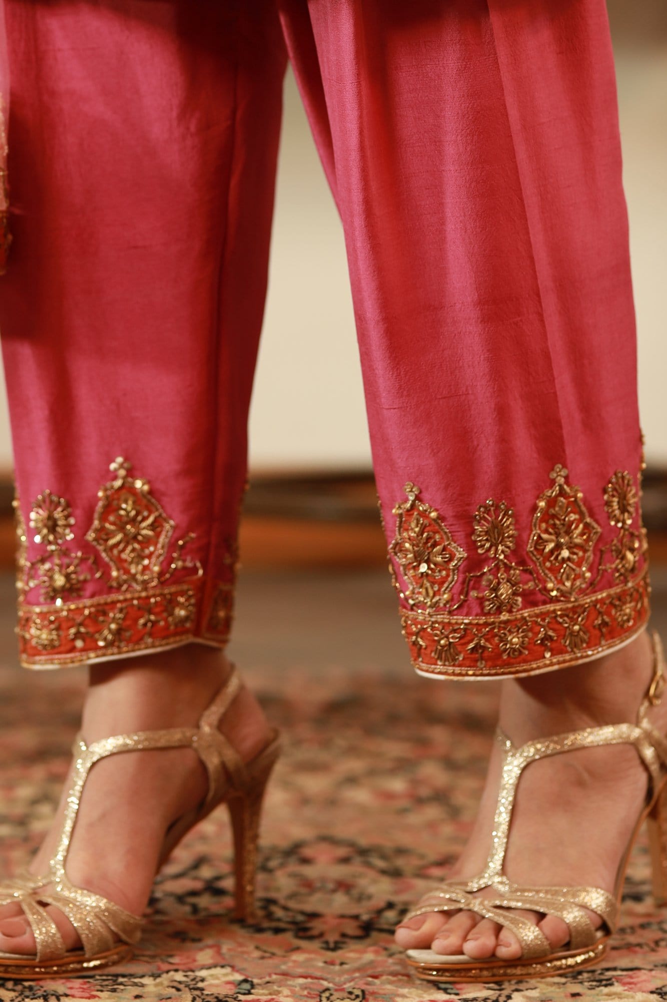 Pink Gold Embroidered PK Raw Silk Salwar Kameez (3-Piece) - Image 1