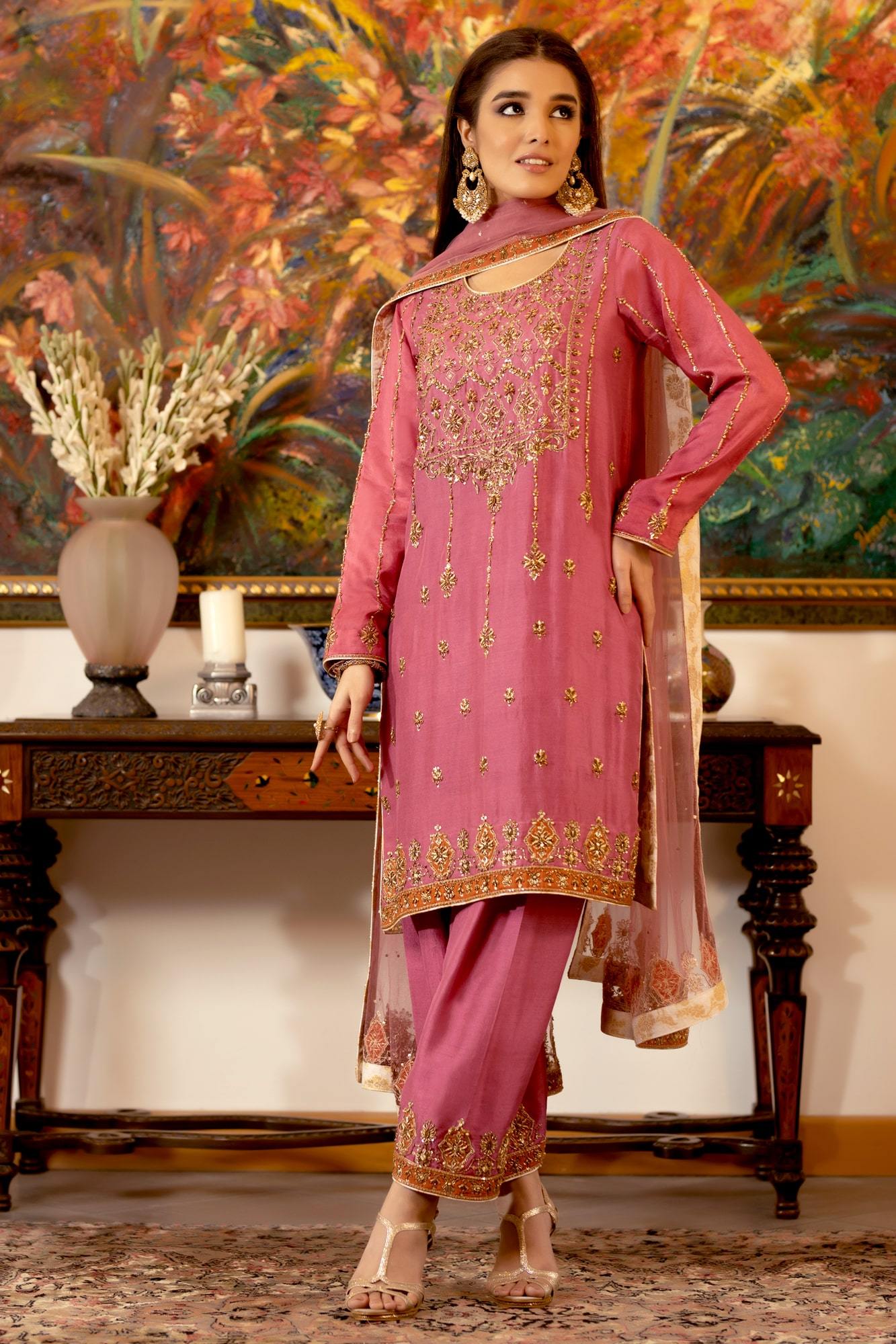 Pink Gold Embroidered PK Raw Silk Salwar Kameez (3-Piece) - Image 2