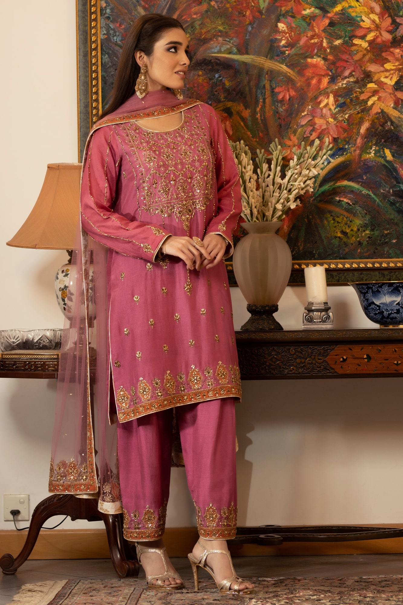 Pink Gold Embroidered PK Raw Silk Salwar Kameez (3-Piece) - Image 3