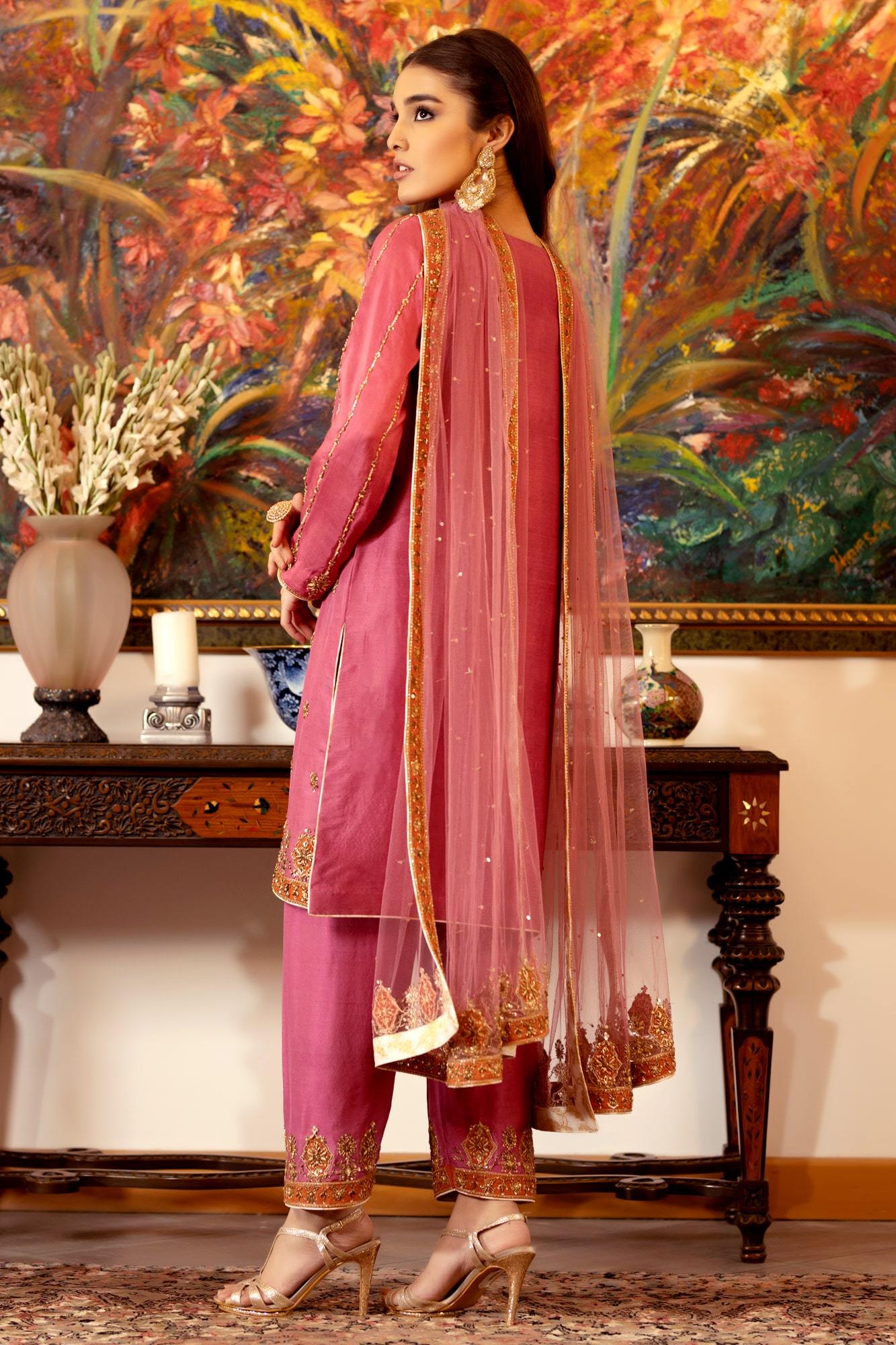 Pink Gold Embroidered PK Raw Silk Salwar Kameez (3-Piece) - Image 4