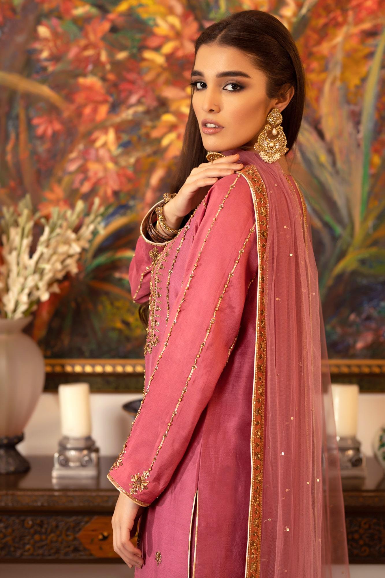 Pink Gold Embroidered PK Raw Silk Salwar Kameez (3-Piece) - Image 5