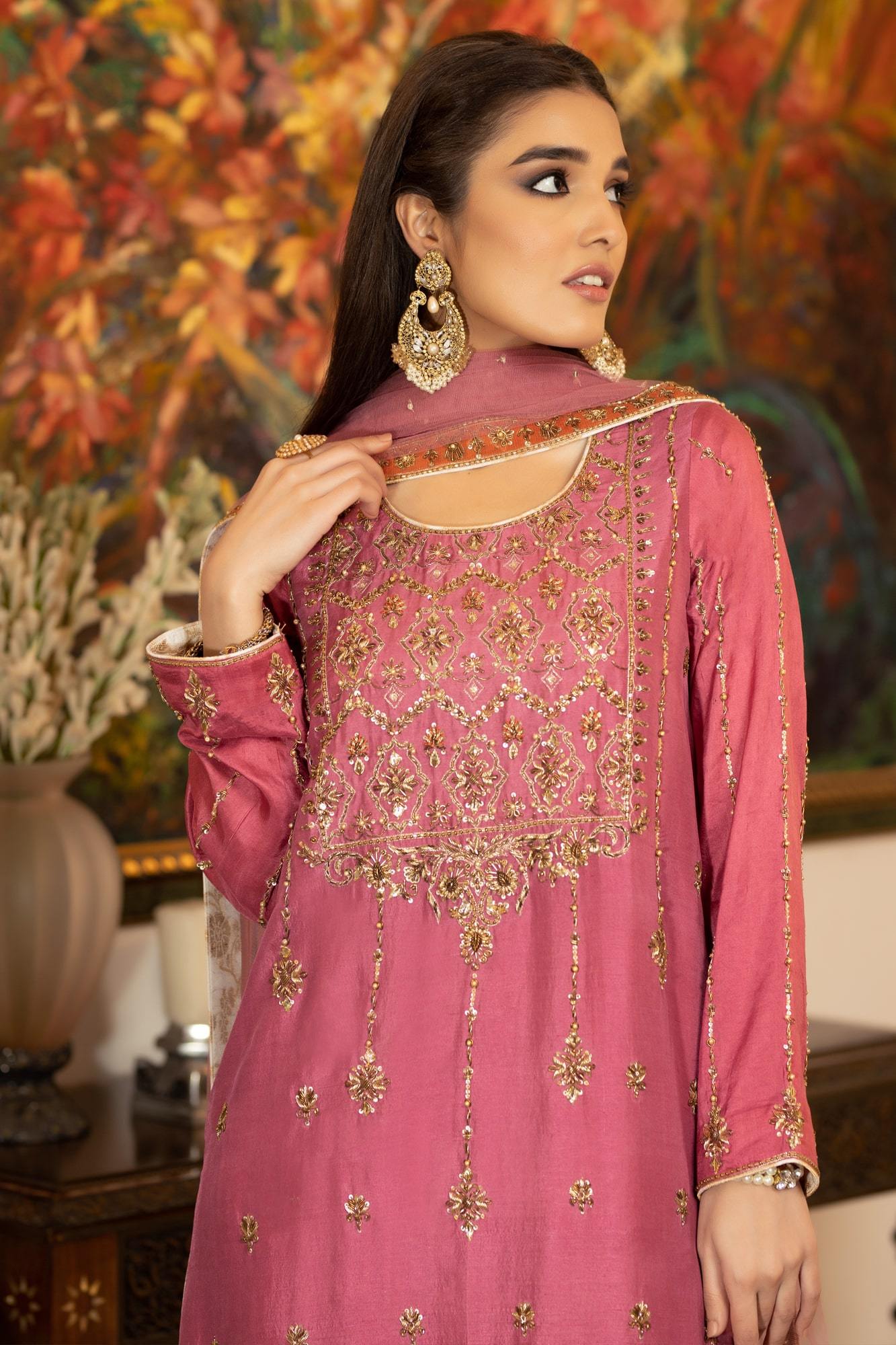 Pink Gold Embroidered PK Raw Silk Salwar Kameez (3-Piece) - Image 6