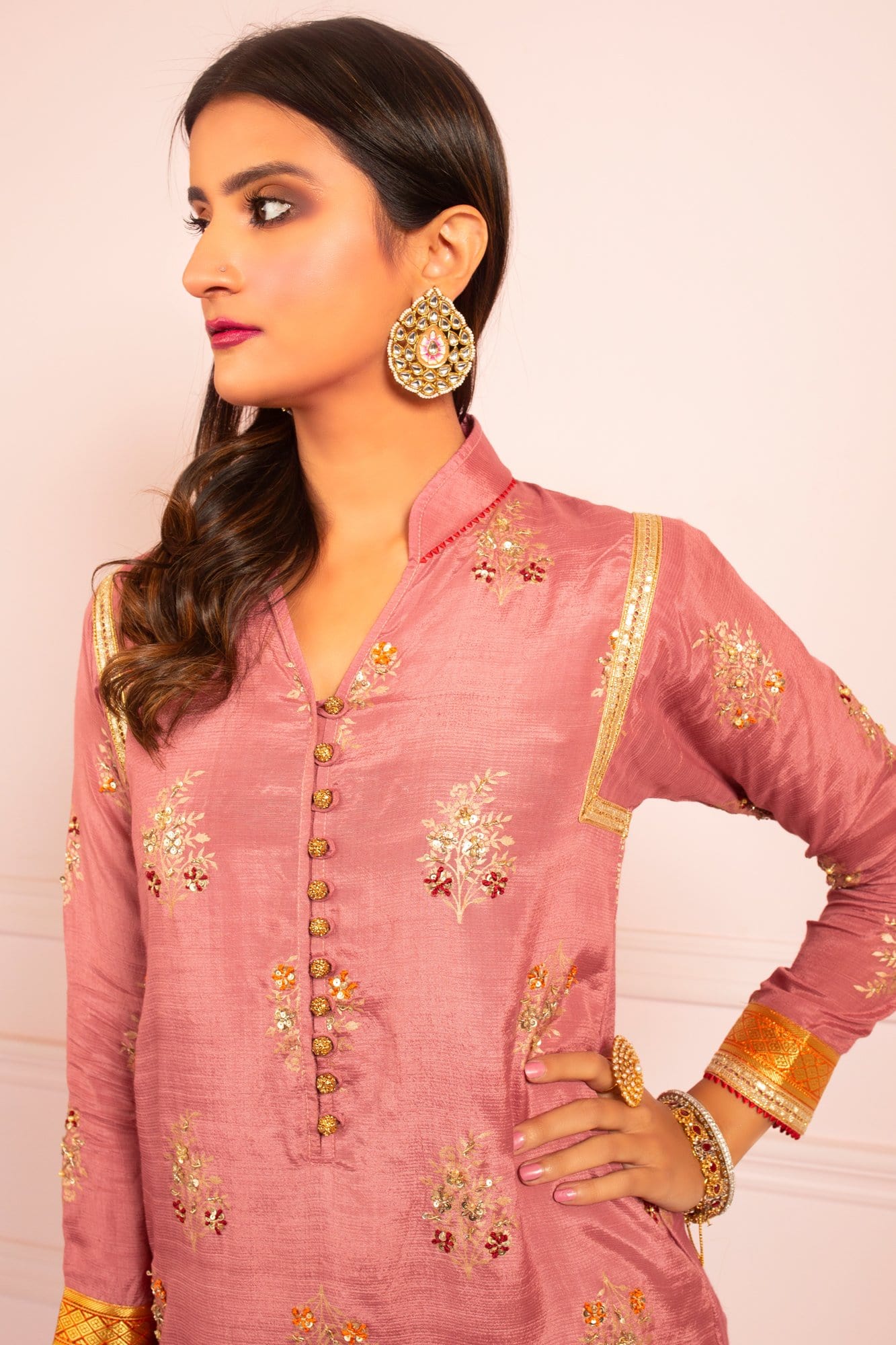 Pakistani Blush Pink Embroidered Raw Silk Kurti (3-Piece) - Image 1