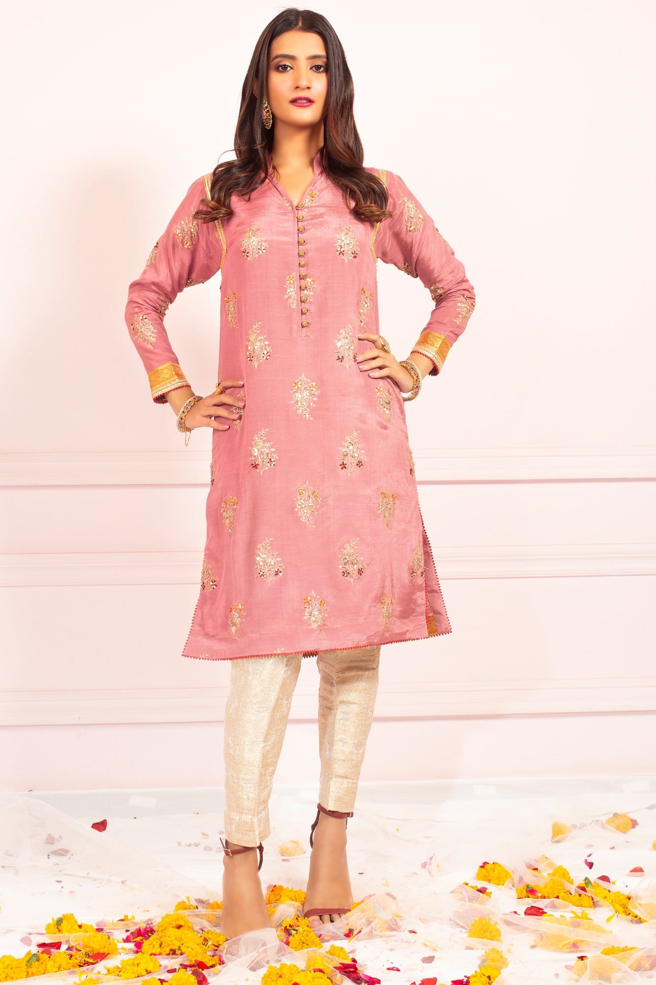 Pakistani Blush Pink Embroidered Raw Silk Kurti (3-Piece) - Image 2