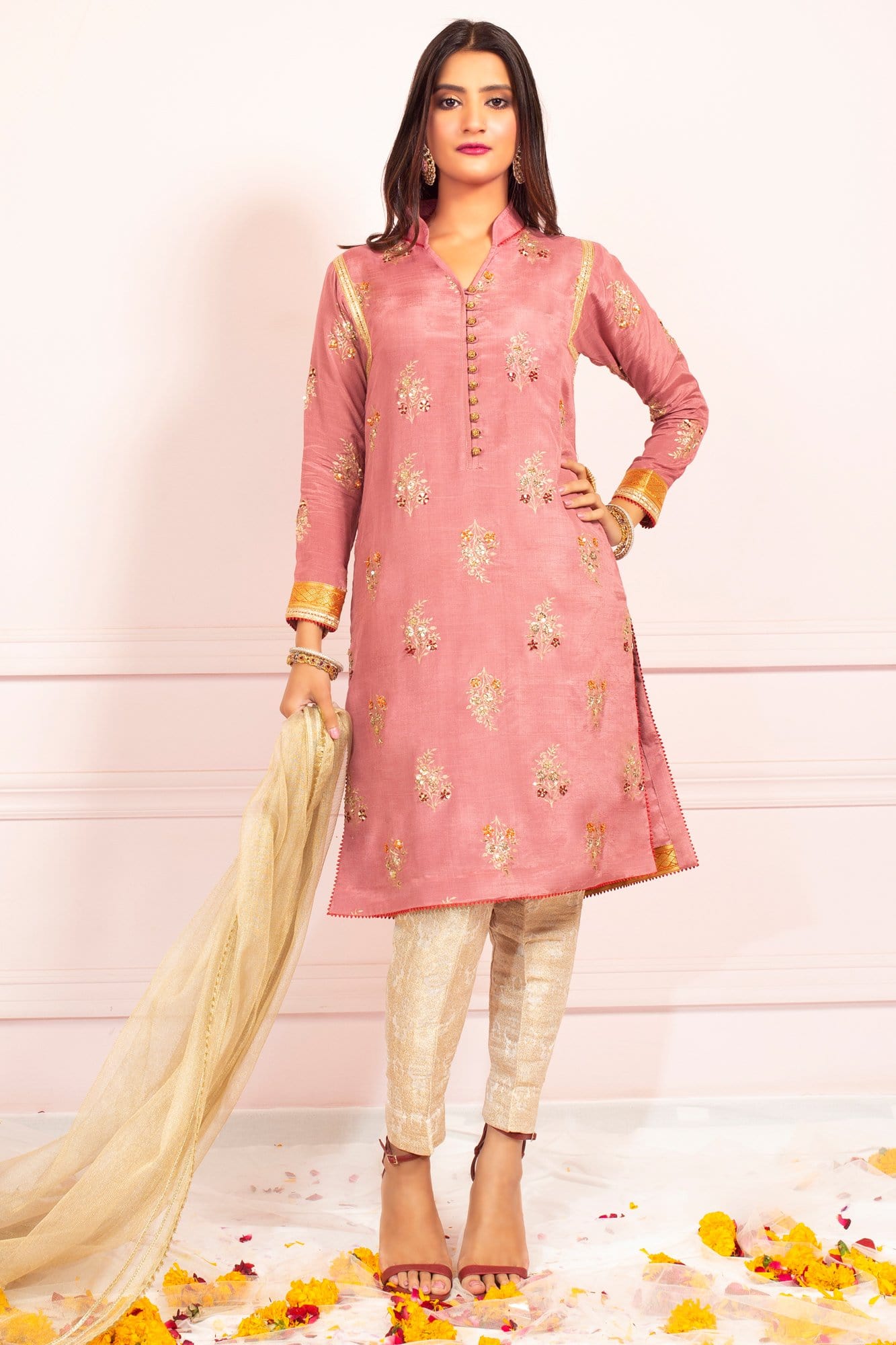 Pakistani Blush Pink Embroidered Raw Silk Kurti (3-Piece) - Image 3