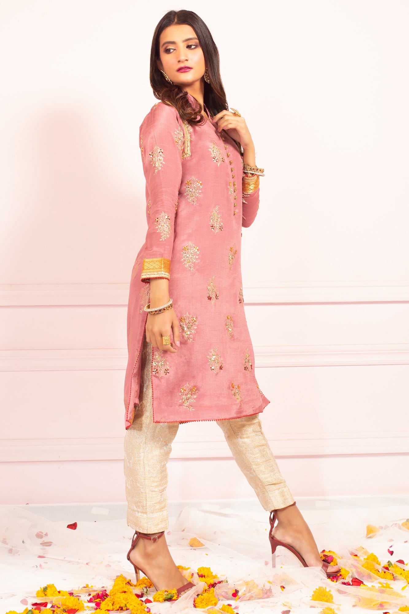 Pakistani Blush Pink Embroidered Raw Silk Kurti (3-Piece) - Image 4