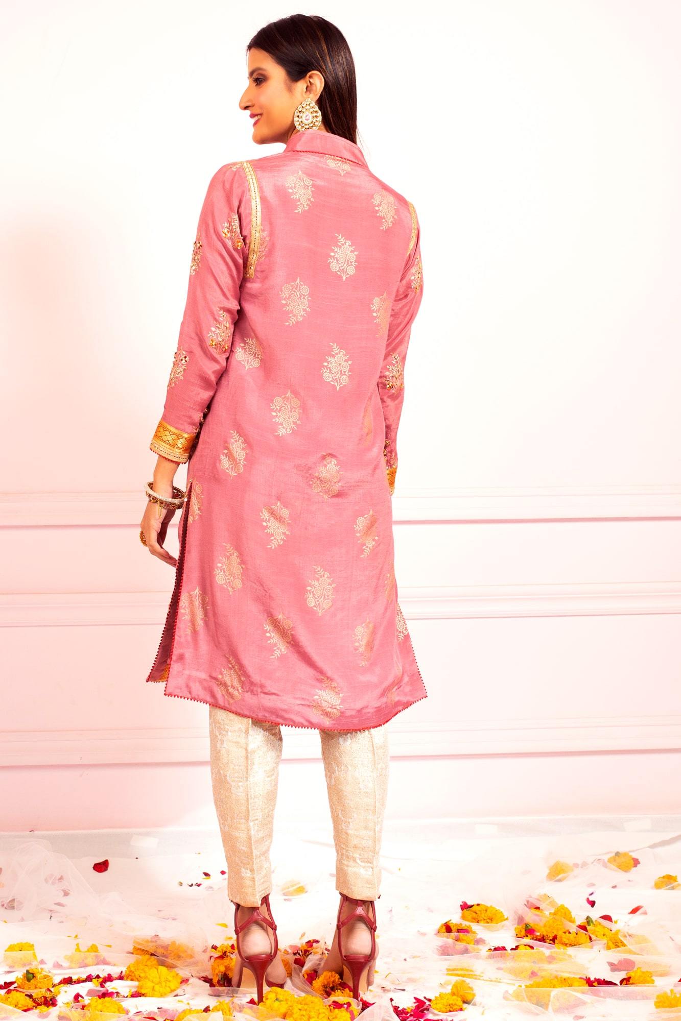 Pakistani Blush Pink Embroidered Raw Silk Kurti (3-Piece) - Image 5