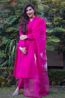 Pakistani Magenta Pink Hand-Painted Raw Silk Salwar Kameez (3-Piece) - Image 2