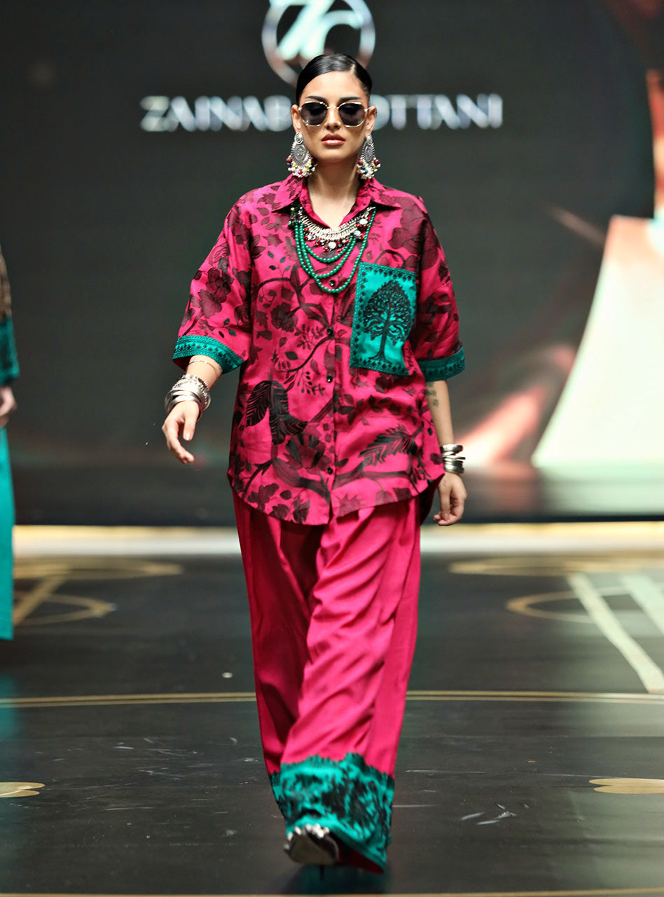 Pakistani Magenta Kantha Embroidered Raw Silk Salwar Kameez (2-Piece) - Image 1