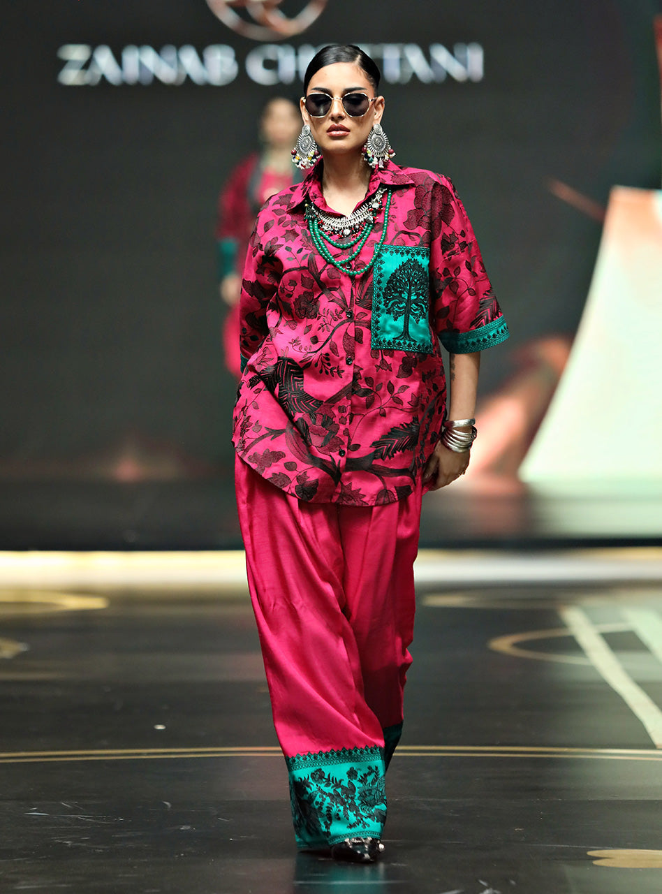 Pakistani Magenta Kantha Embroidered Raw Silk Salwar Kameez (2-Piece) - Image 3