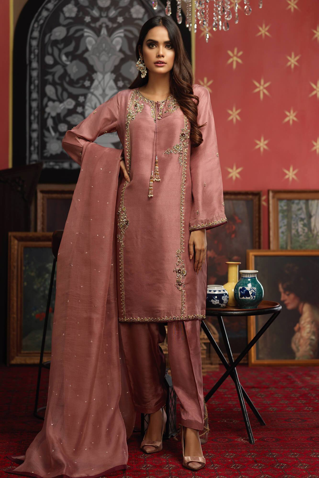 Mauve Embroidered PK Raw Silk Salwar Kameez (3-Piece) - Image 3