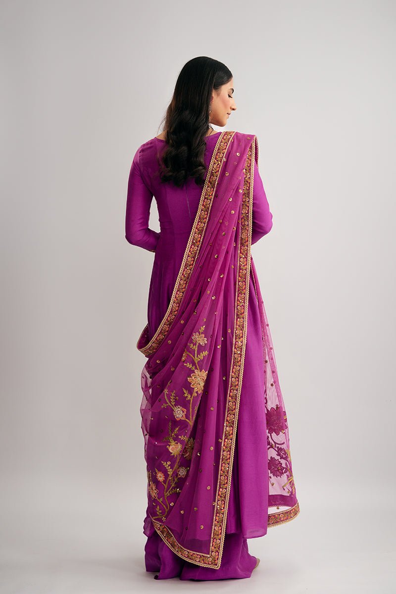 Pakistani Magenta Embroidered Raw Silk Salwar Kameez (3-Piece) - Image 10