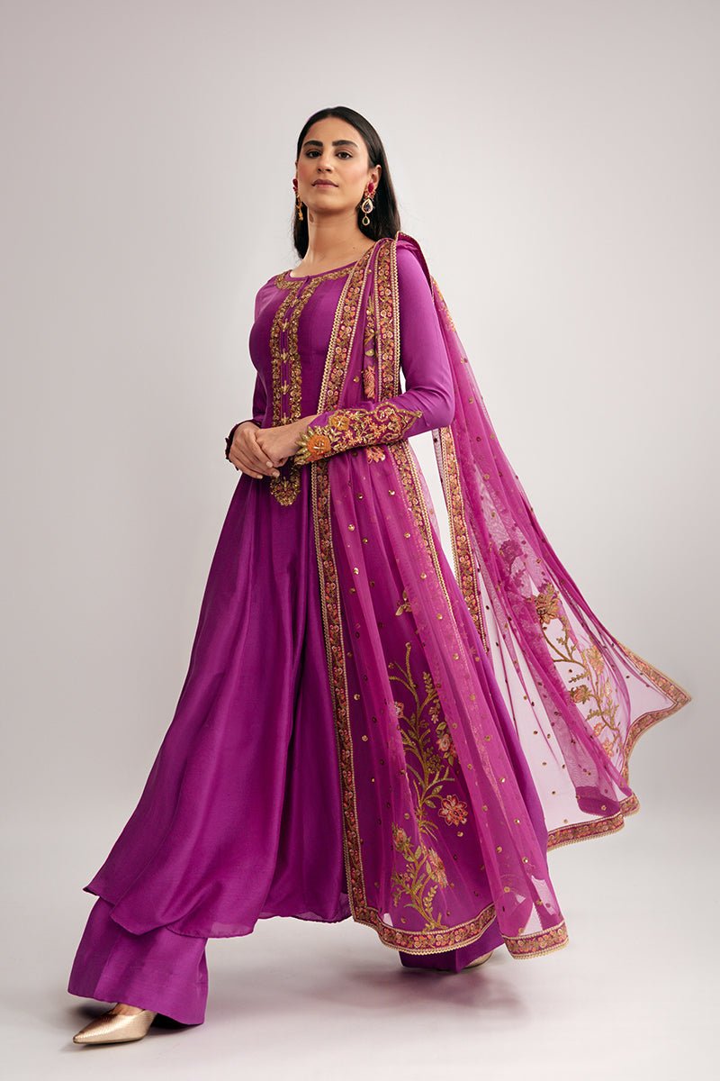 Pakistani Magenta Embroidered Raw Silk Salwar Kameez (3-Piece) - Image 2