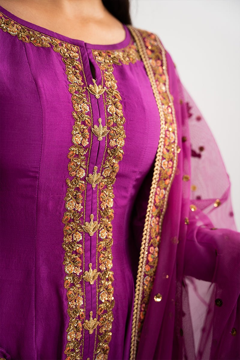 Pakistani Magenta Embroidered Raw Silk Salwar Kameez (3-Piece) - Image 3