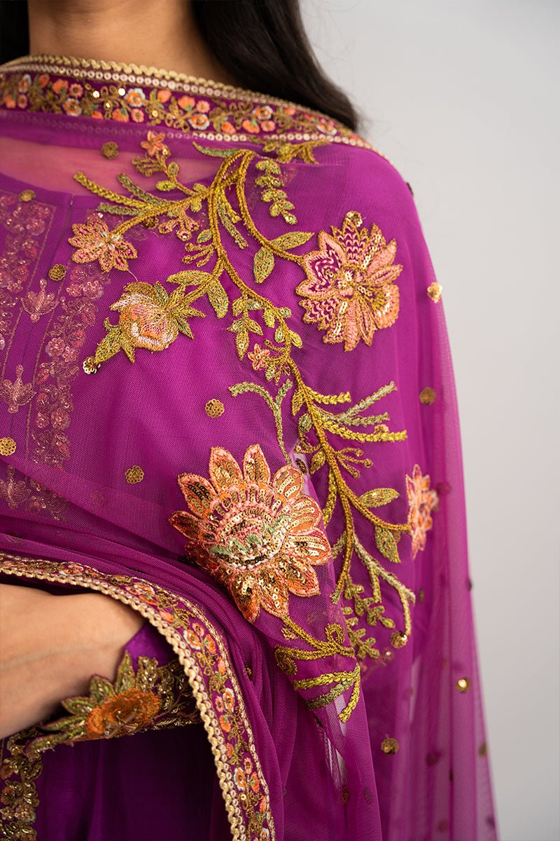 Pakistani Magenta Embroidered Raw Silk Salwar Kameez (3-Piece) - Image 4