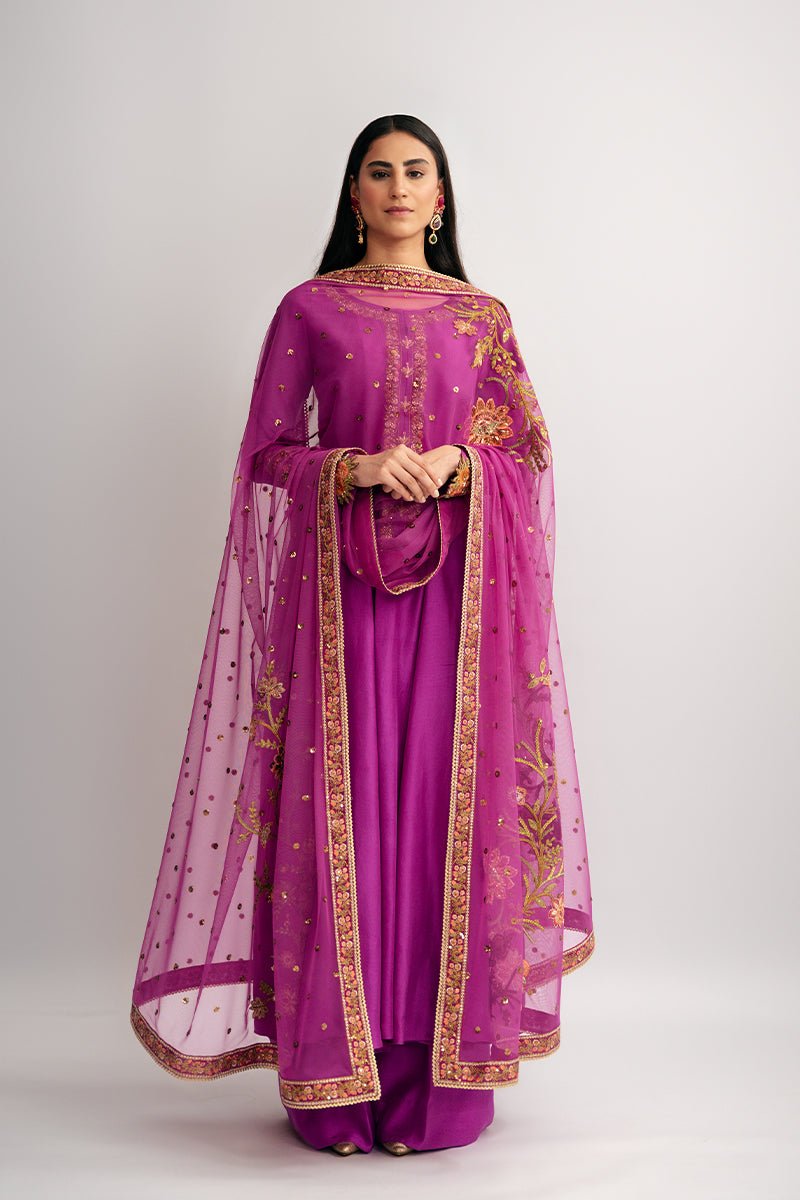 Pakistani Magenta Embroidered Raw Silk Salwar Kameez (3-Piece) - Image 5
