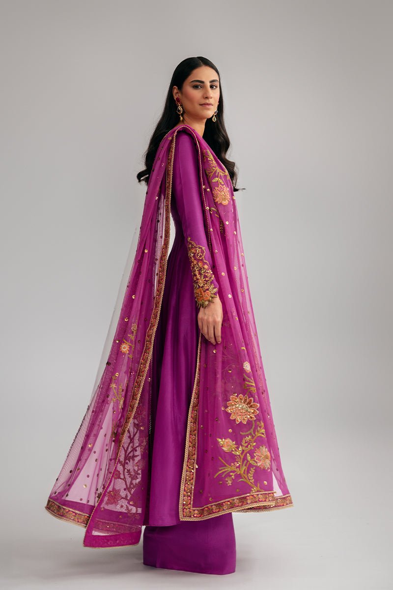 Pakistani Magenta Embroidered Raw Silk Salwar Kameez (3-Piece) - Image 6