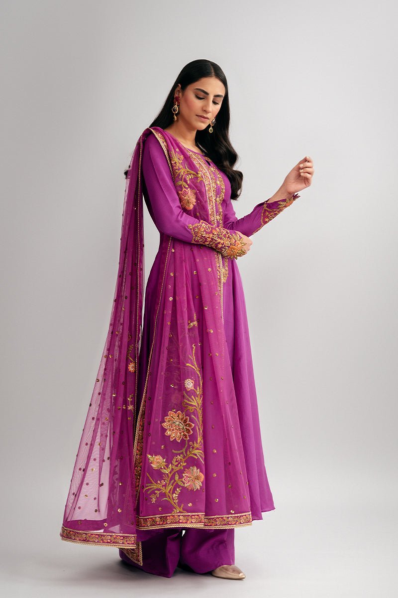Pakistani Magenta Embroidered Raw Silk Salwar Kameez (3-Piece) - Image 7