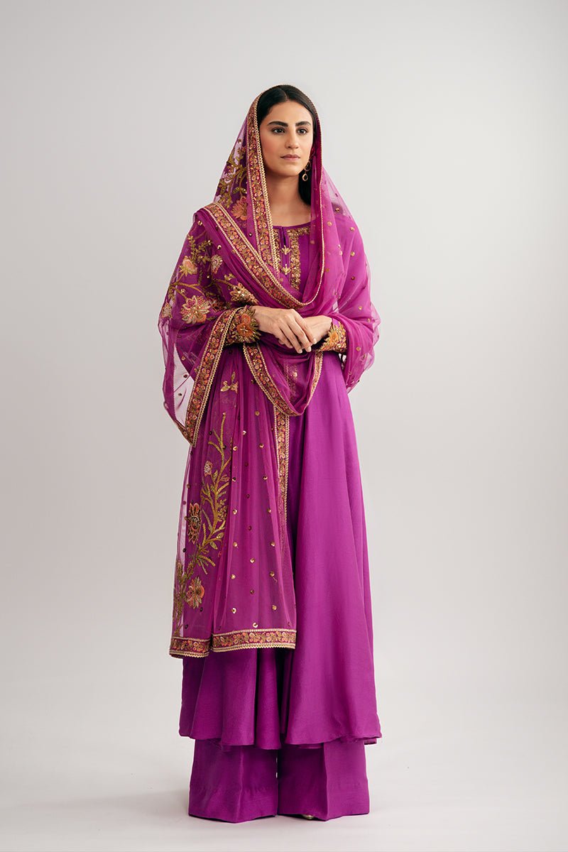 Pakistani Magenta Embroidered Raw Silk Salwar Kameez (3-Piece) - Image 9