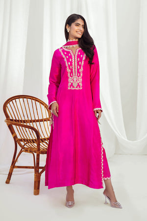 Hot Pink Embroidered Pure Raw Silk Salwar Kameez (3-Piece) - Image 1