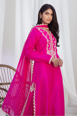 Hot Pink Embroidered Pure Raw Silk Salwar Kameez (3-Piece) - Image 2