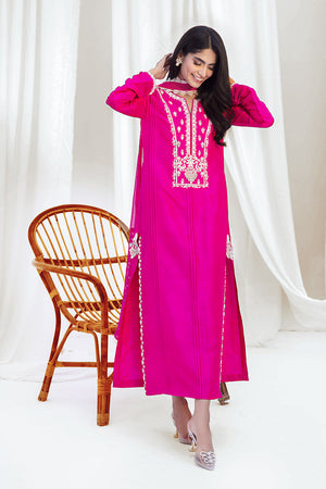 Hot Pink Embroidered Pure Raw Silk Salwar Kameez (3-Piece) - Image 3