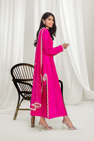 Hot Pink Embroidered Pure Raw Silk Salwar Kameez (3-Piece) - Image 4