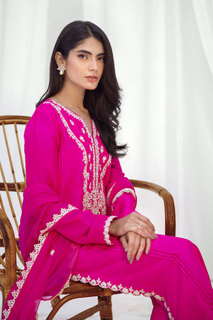 Hot Pink Embroidered Pure Raw Silk Salwar Kameez (3-Piece) - Image 6