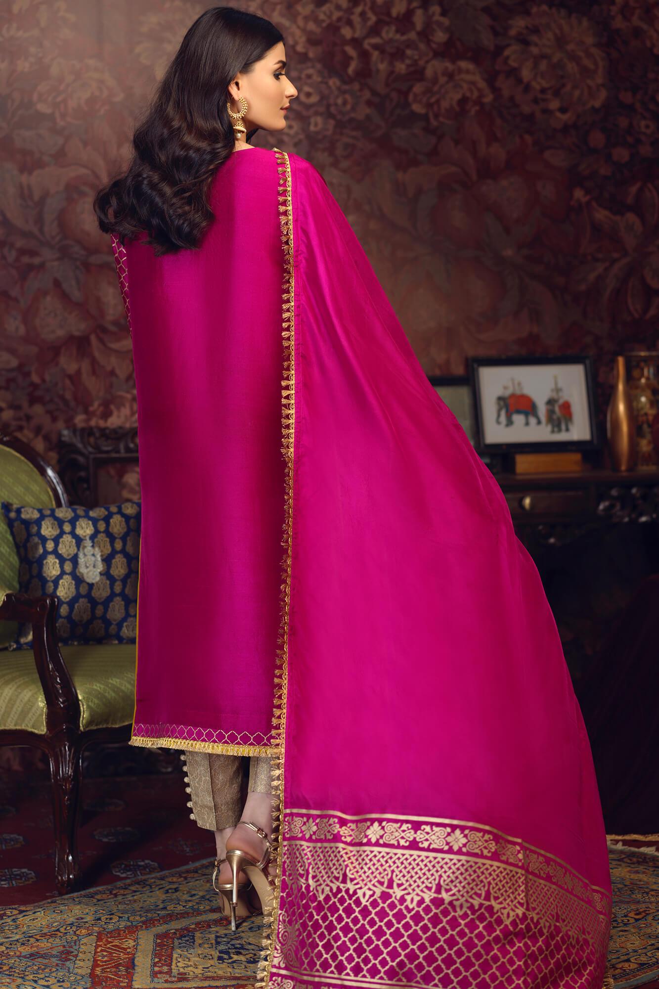 Magenta Embroidered PK Raw Silk Salwar Kameez (3-Piece) - Image 3