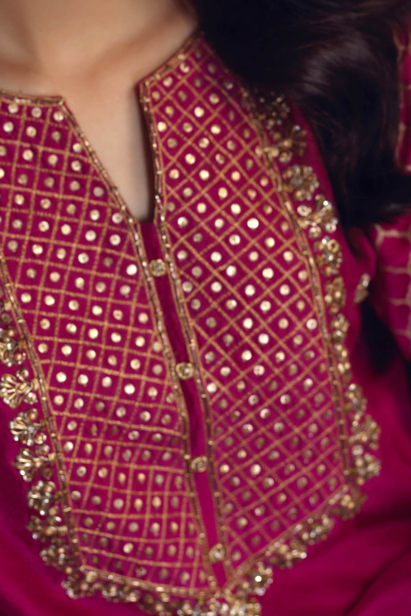 Magenta Embroidered PK Raw Silk Salwar Kameez (3-Piece) - Image 5