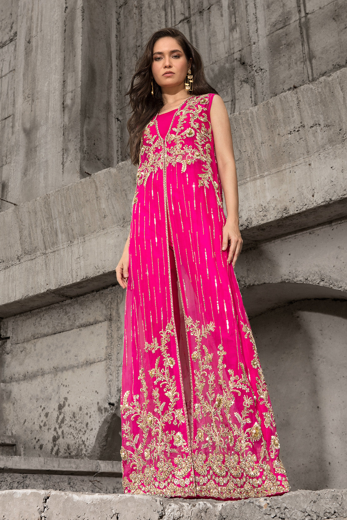 Hot Pink Embellished Sheer Kameez with Raw Silk Trousers (2-Piece) - Image 1