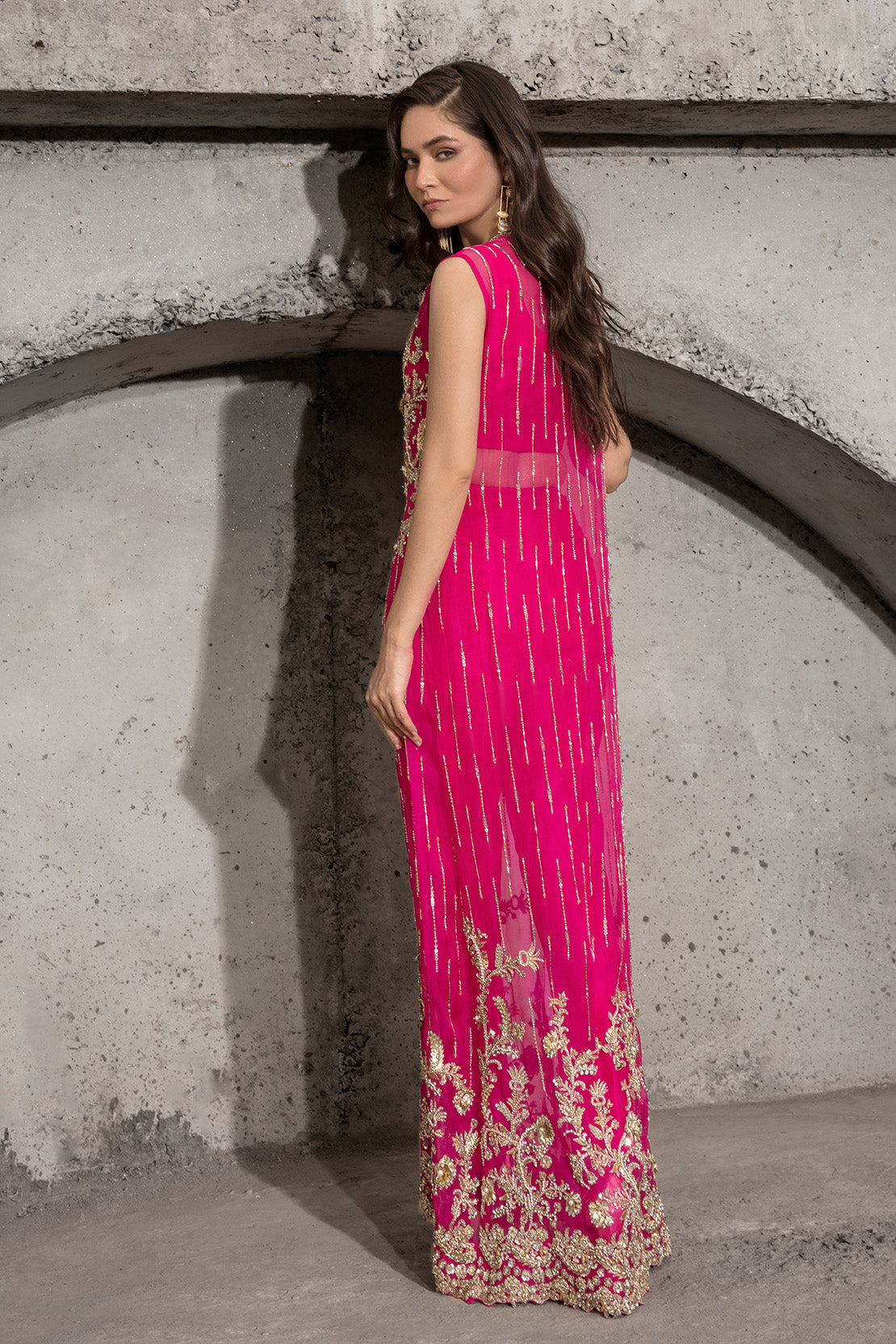 Hot Pink Embellished Sheer Kameez with Raw Silk Trousers (2-Piece) - Image 2