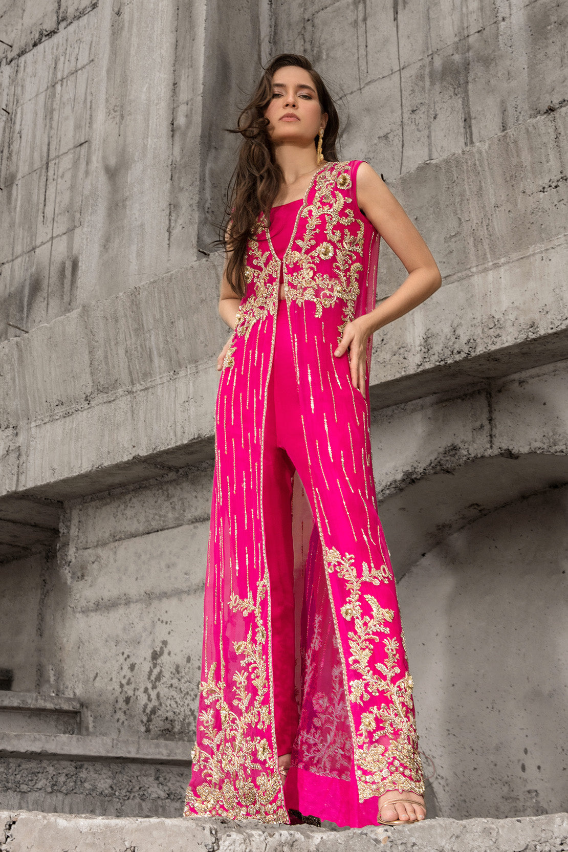 Hot Pink Embellished Sheer Kameez with Raw Silk Trousers (2-Piece) - Image 3