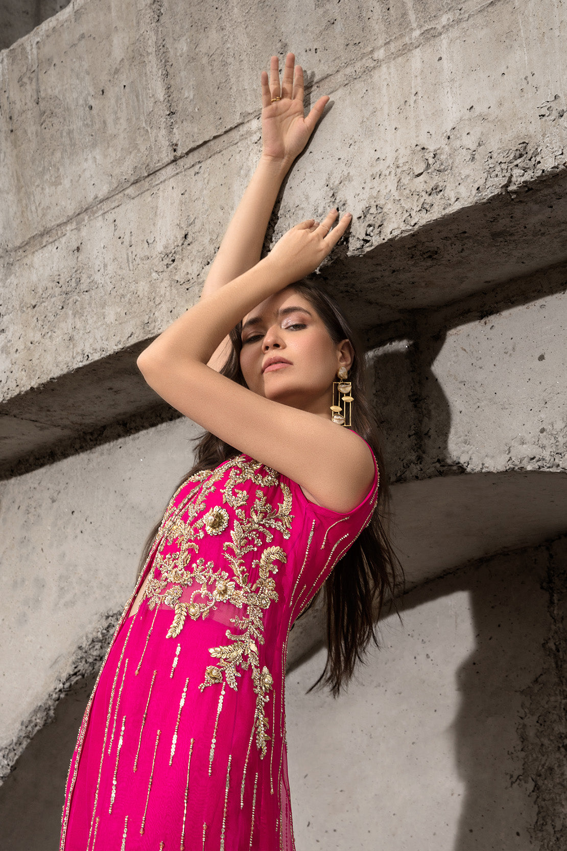 Hot Pink Embellished Sheer Kameez with Raw Silk Trousers (2-Piece) - Image 4