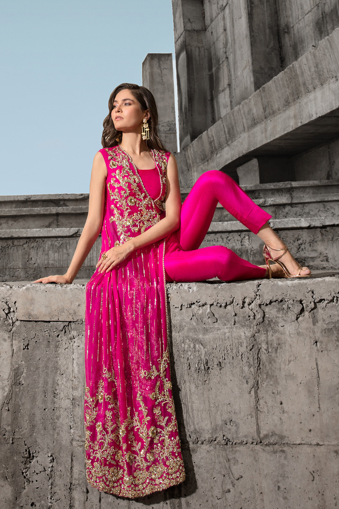 Hot Pink Embellished Sheer Kameez with Raw Silk Trousers (2-Piece) - Image 5