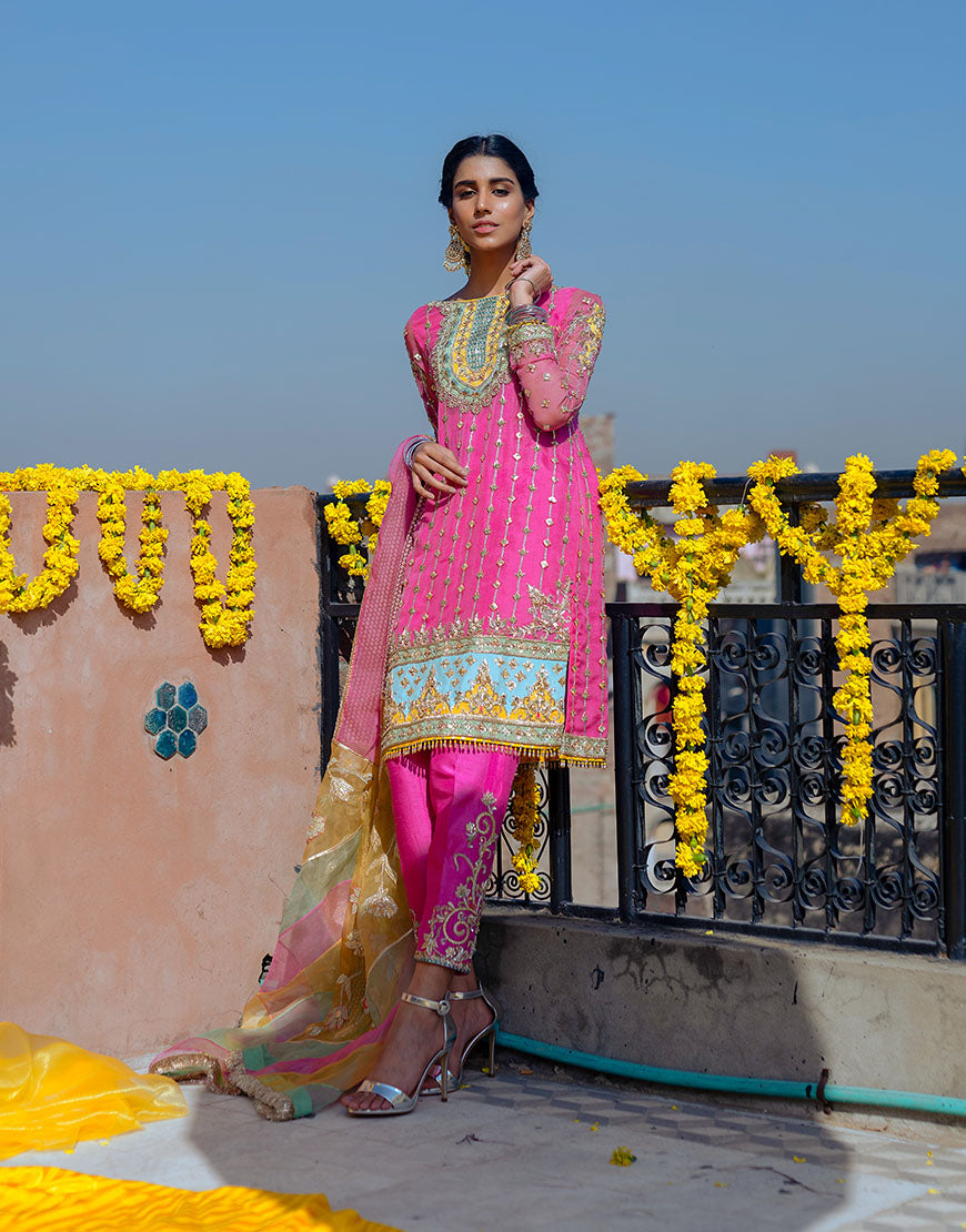 Gulabi Pink Embellished Organza & Raw Silk Salwar Kameez (3-Piece) - Image 2