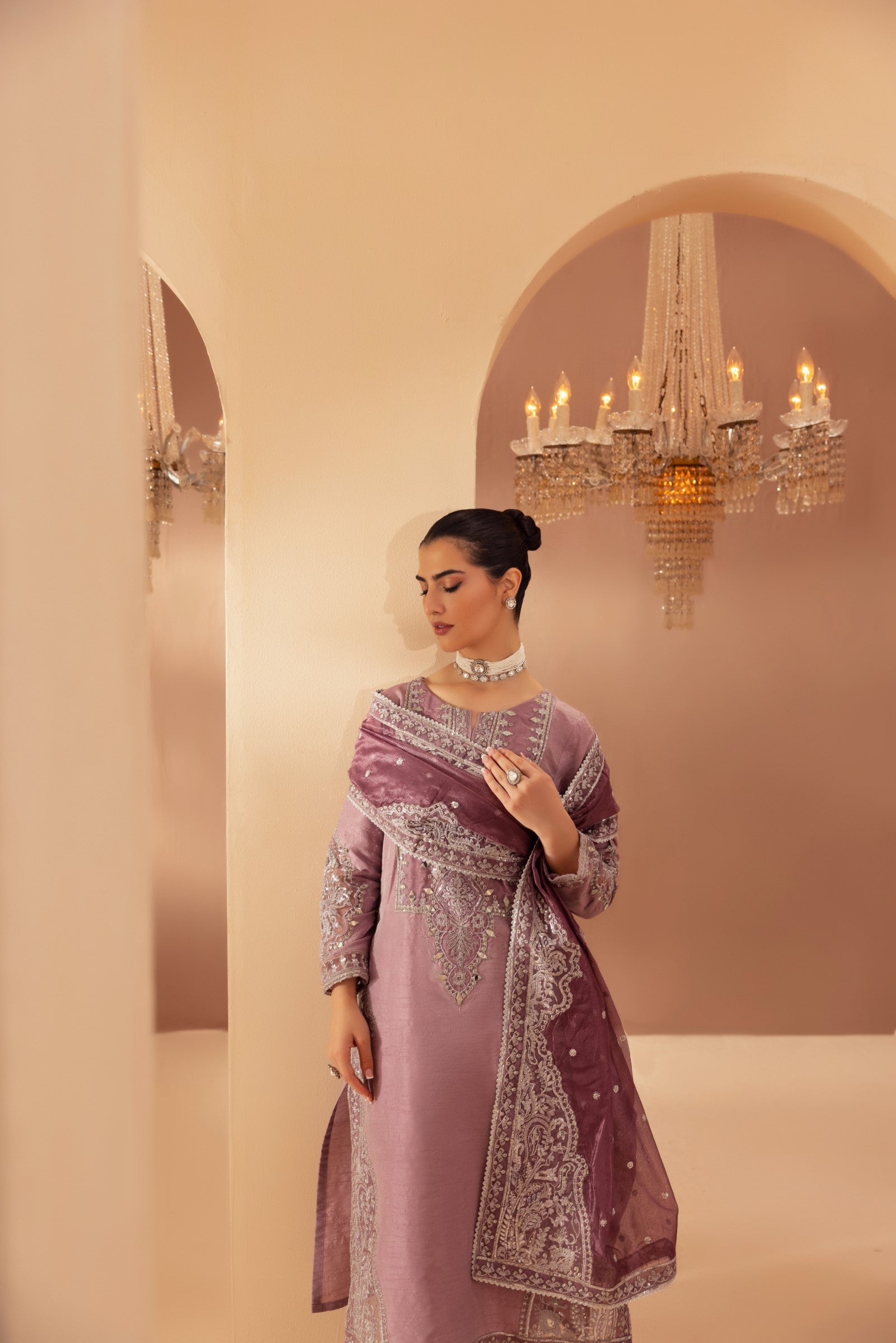 Mauve Embroidered Raw Silk 3-Piece Suit - Image 10