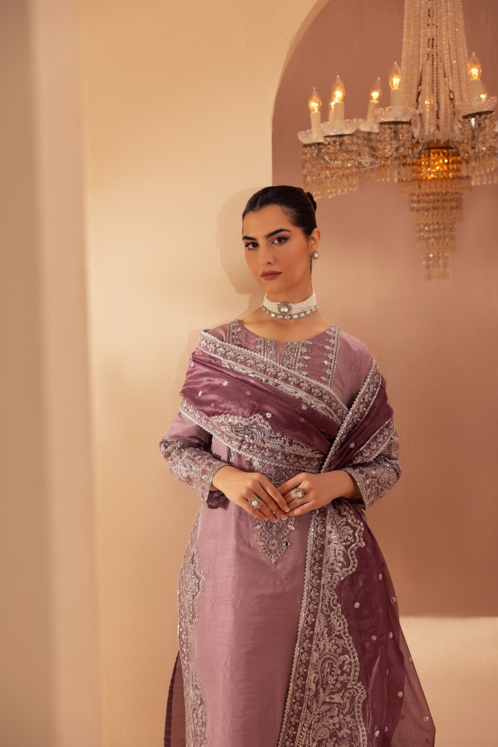 Mauve Embroidered Raw Silk 3-Piece Suit - Image 11