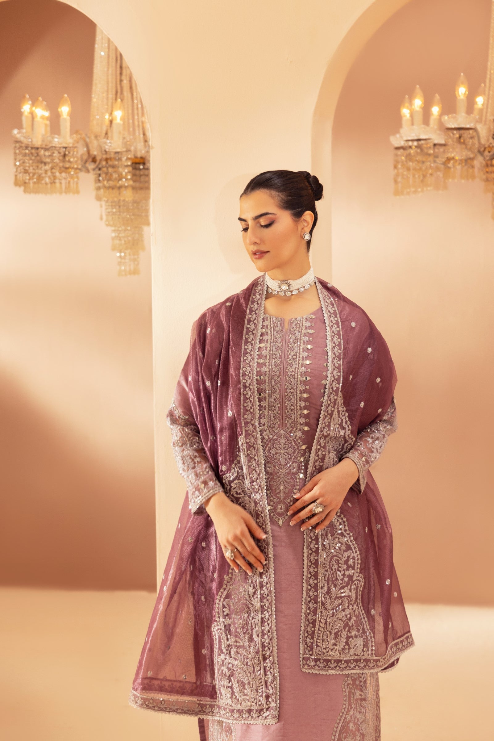 Mauve Embroidered Raw Silk 3-Piece Suit - Image 12